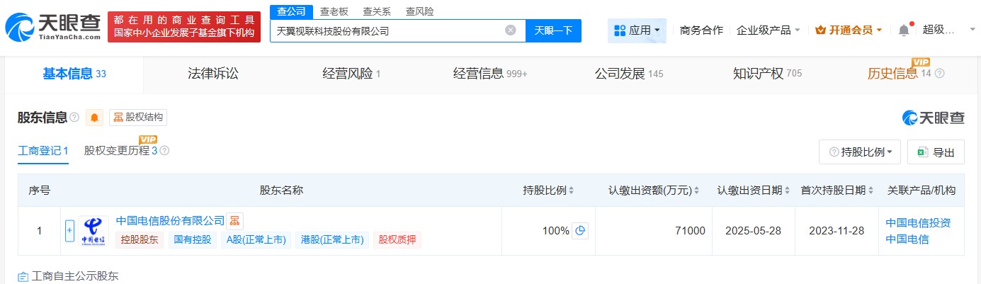中国电信旗下天翼视联变更为股份公司