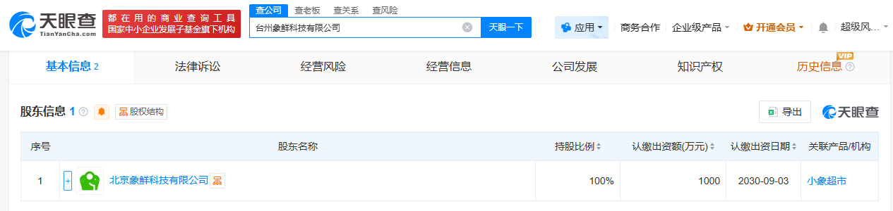 小象超市在台州成立新公司注册资本1000万