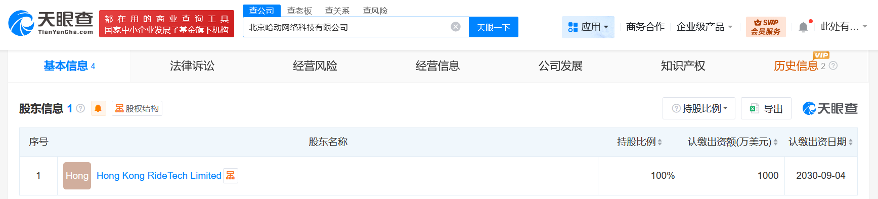 哈啰出行在北京成立网络科技新公司注册资本1000万美元
