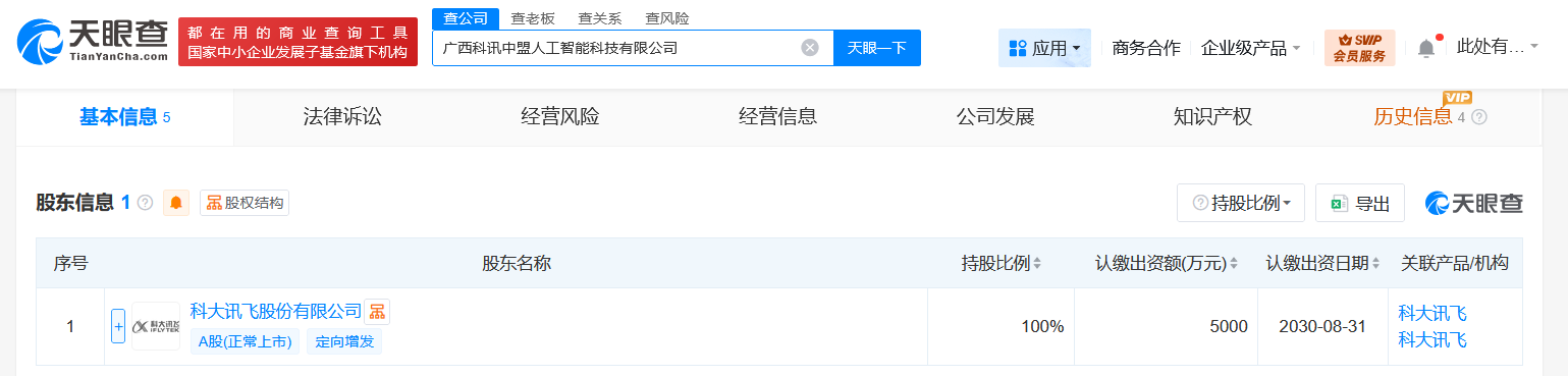 科大讯飞在广西成立人工智能科技公司注册资本5000万