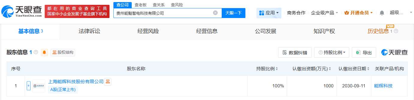 能辉科技在贵州成立智电科技公司注册资本1000万