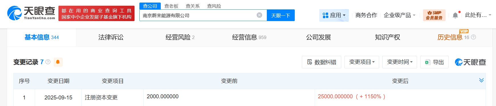 蔚来旗下南京能源公司增资至2.5亿增幅1150%