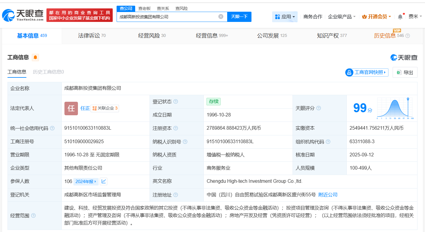 成都高新投资集团增资至约279亿增幅约9%