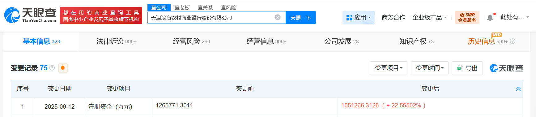 天津滨海农商行增资至155.1亿增幅约23%