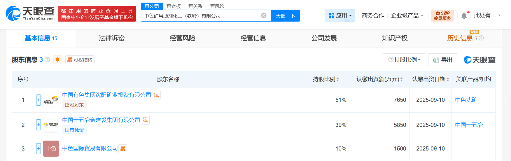 中国有色矿业集团在辽宁成立化工公司注册资本1.5亿