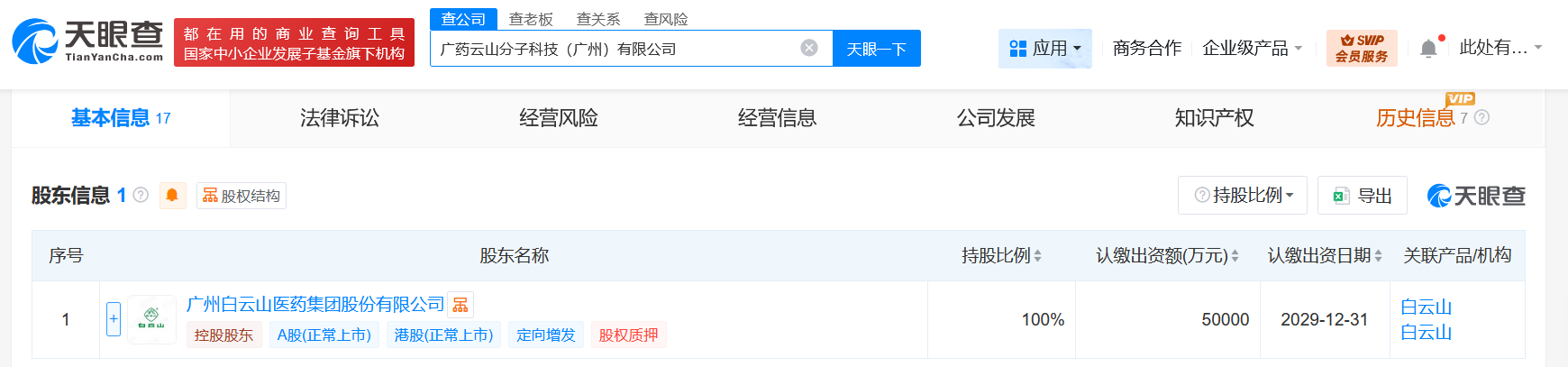 白云山成立分子科技公司注册资本5亿
