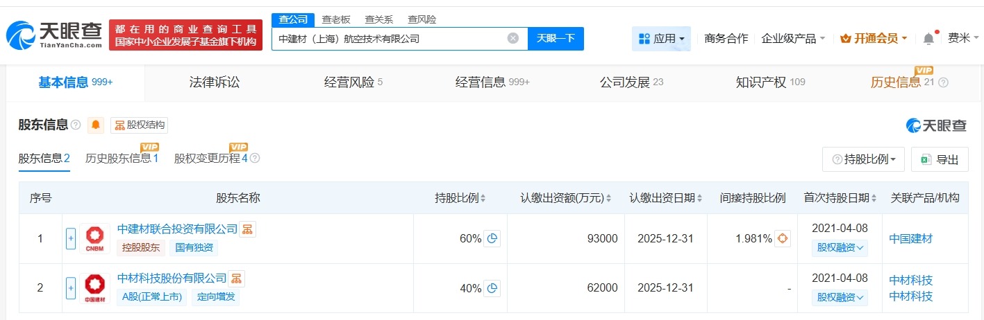 中建材上海航空技术公司增资至15.5亿增幅约48%