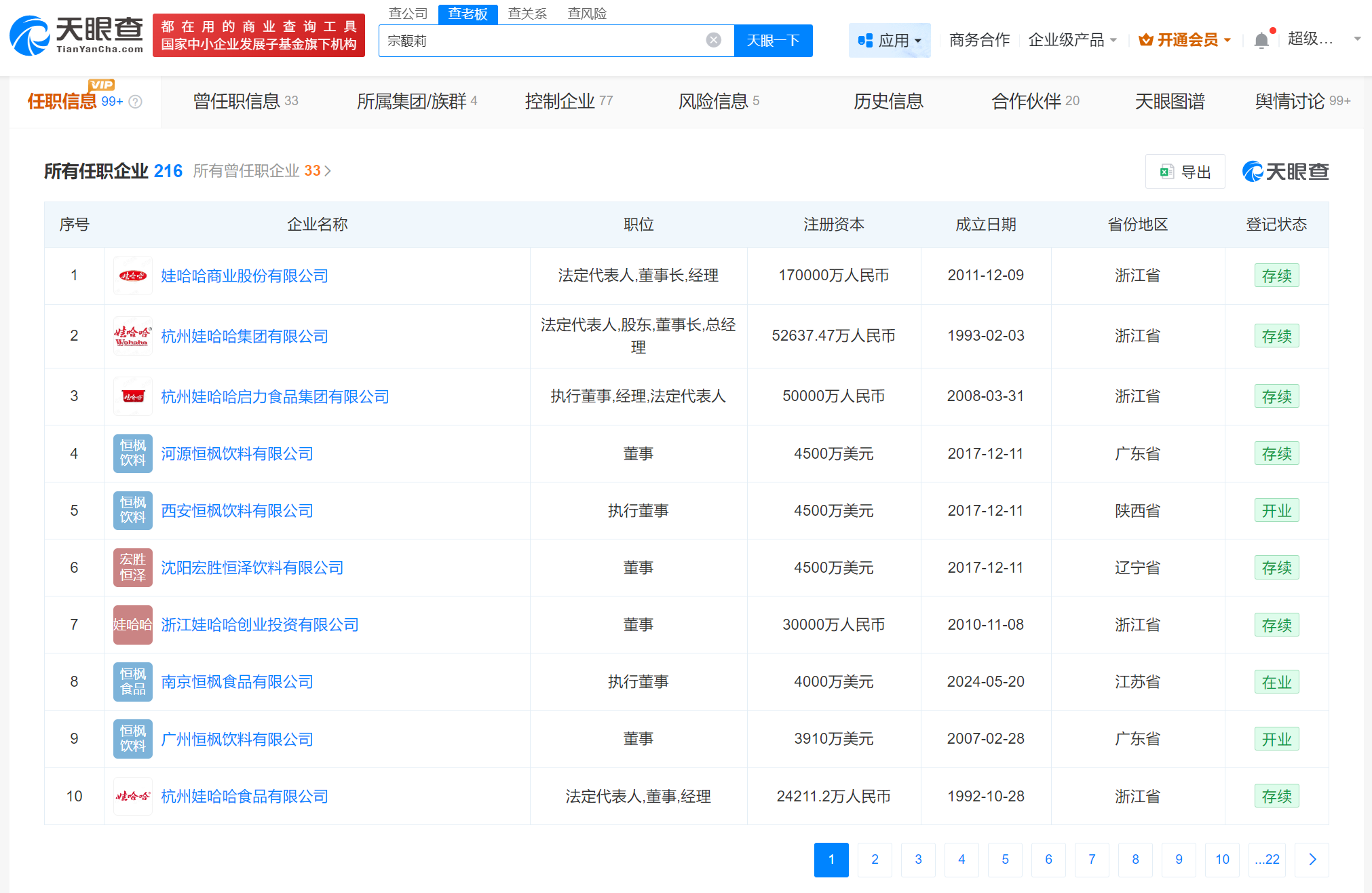 宗馥莉名下关联210余家企业