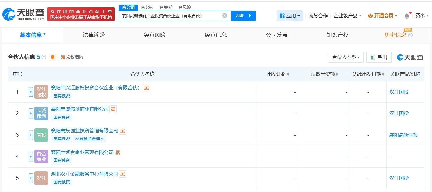襄阳高新储能产业投资合伙企业登记成立出资额50.05亿