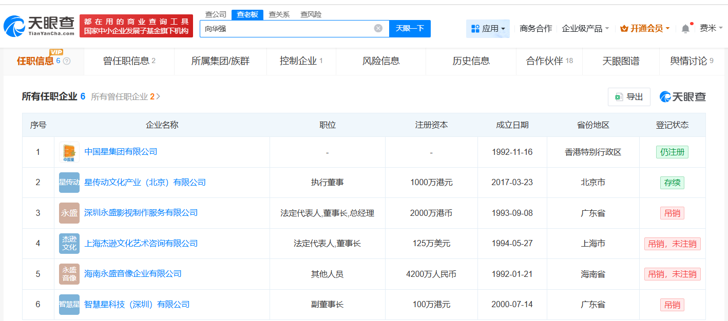 向华强名下仅两家企业存续