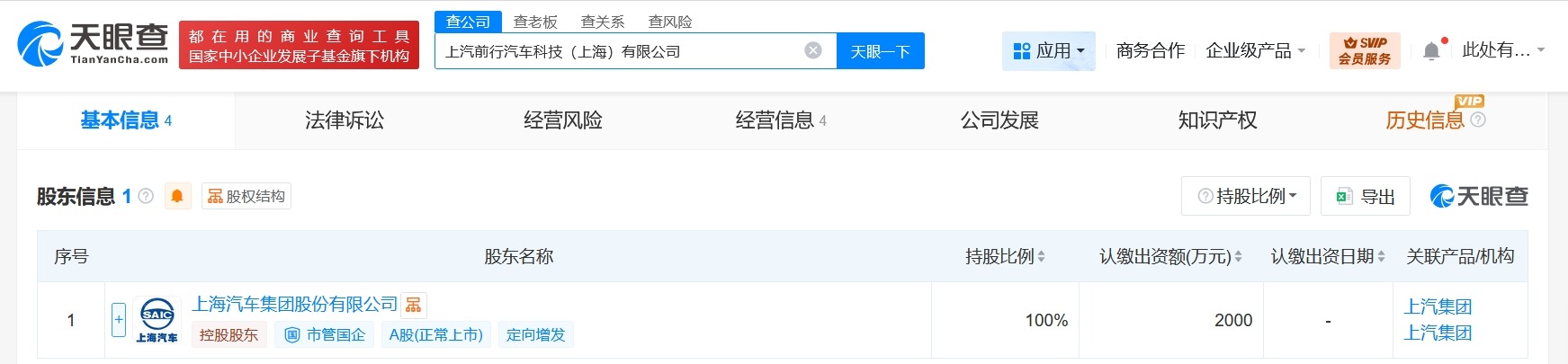 上汽集团成立汽车科技新公司注册资本2000万