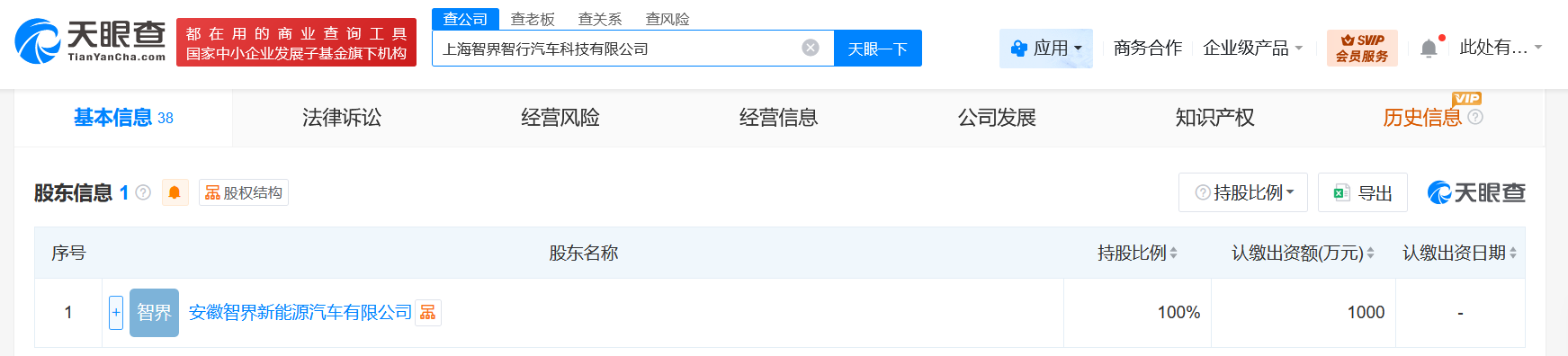 奇瑞在上海成立智界智行汽车科技公司注册资本1000万