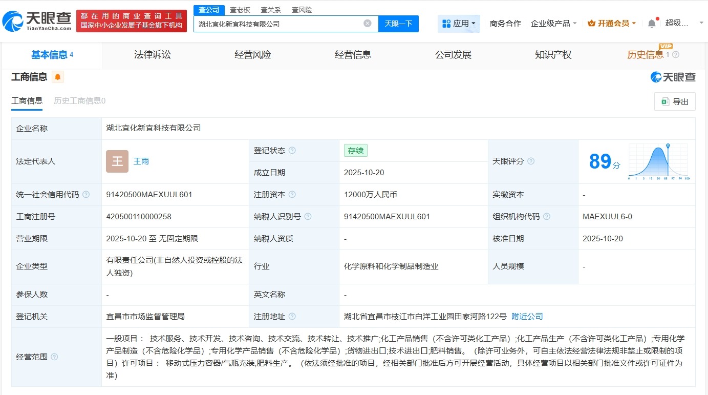 湖北宜化成立新宜科技公司注册资本1.2亿