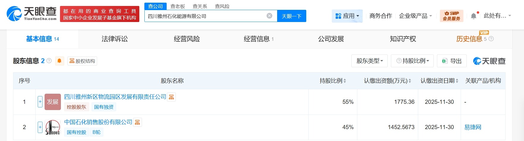 中国石化等在四川雅安成立能源公司注册资本约3228万