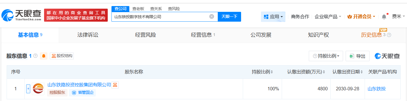 #山东铁投数字技术公司登记成立# 注册资本4800万