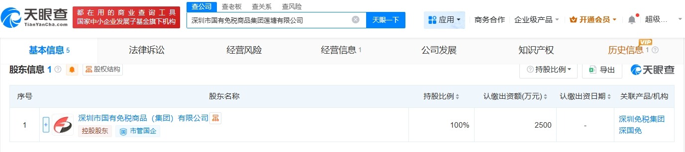 深圳免税集团在莲塘成立新公司注册资本2500万