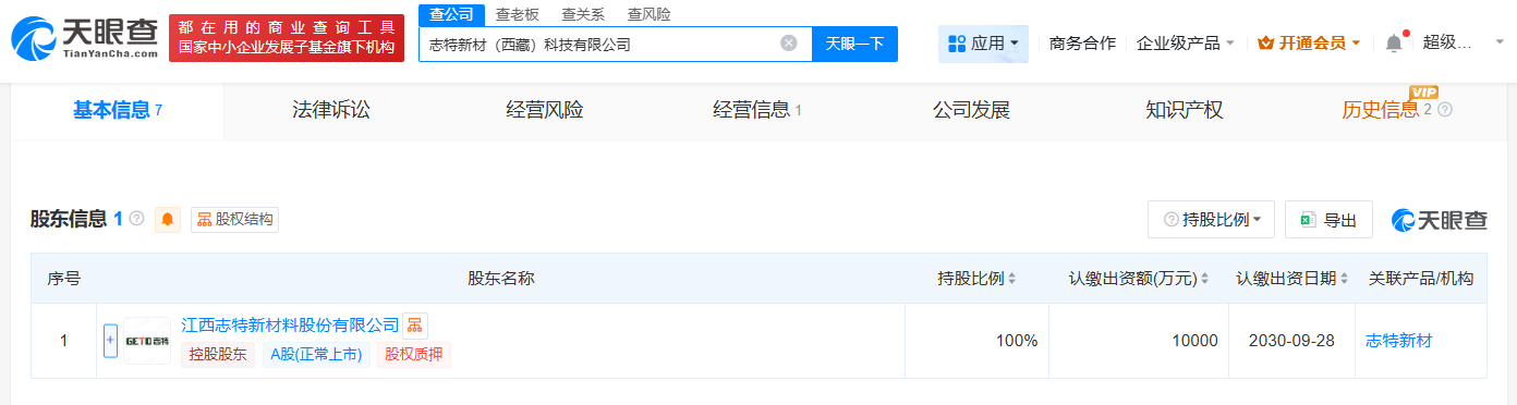 #志特新材在西藏成立新公司# 注册资本1亿