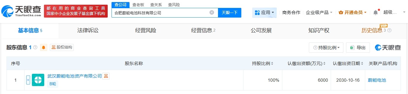 蔚能在合肥成立电池科技公司注册资本6000万