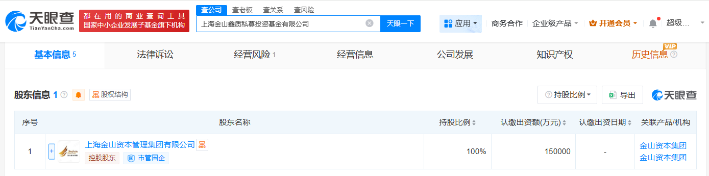 金山资本集团成立鑫质私募投资基金公司注册资本15亿