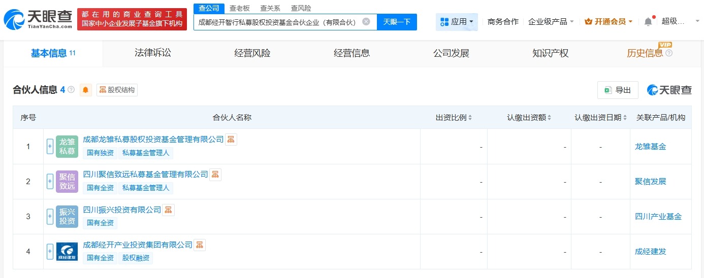 成都经开智行私募股权投资基金登记成立出资额约6亿