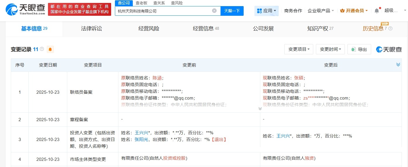 王兴兴全资持股杭州天则科技公司