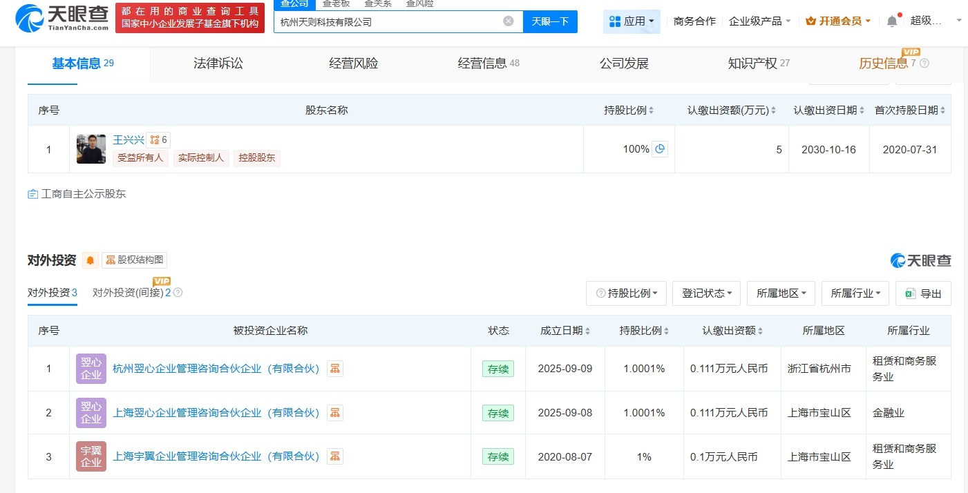 王兴兴全资持股杭州天则科技公司