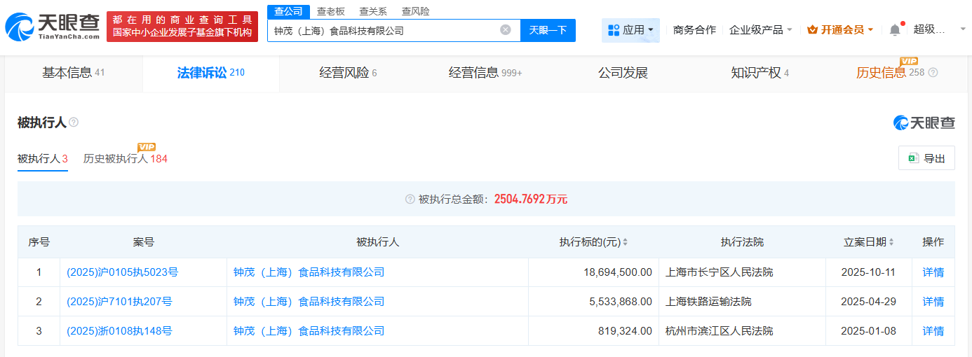 钟薛高子公司被执行1869万