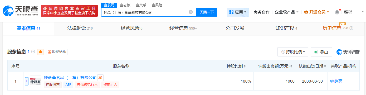 钟薛高子公司被执行1869万