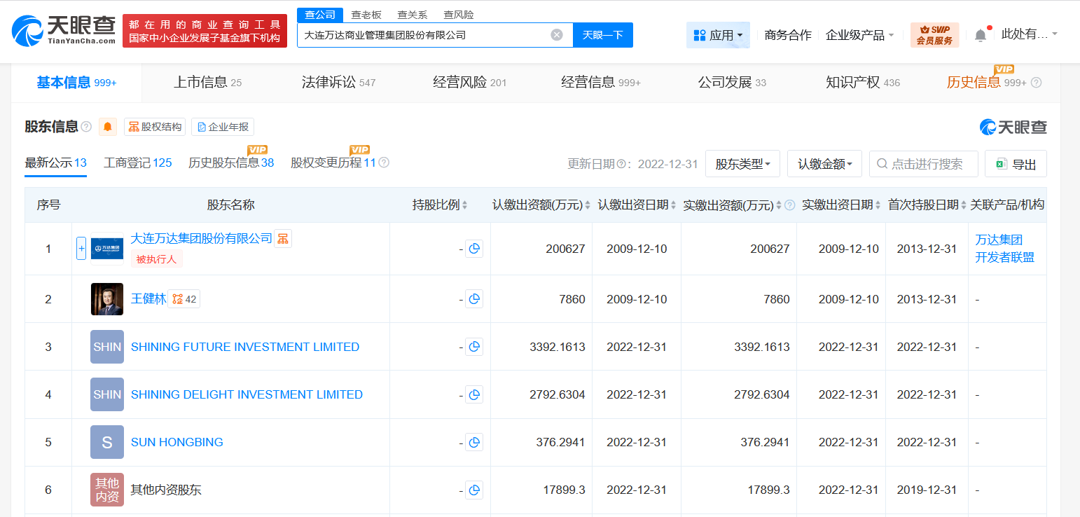 大连万达商管集团被冻结5000万股权