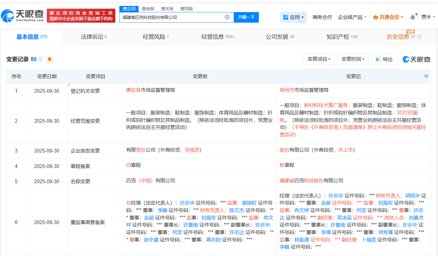 匹克集团旗下十余家分支机构已吊销或注销