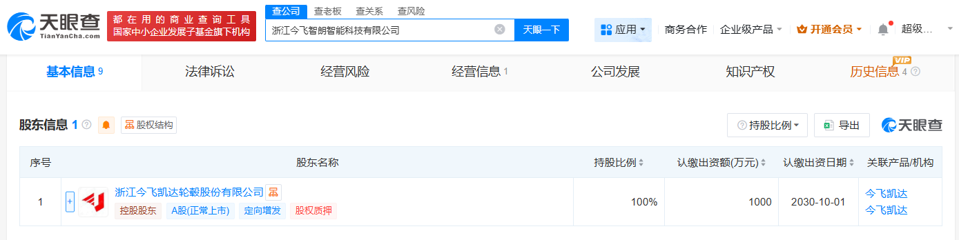 今飞凯达成立智能科技公司注册资本1000万