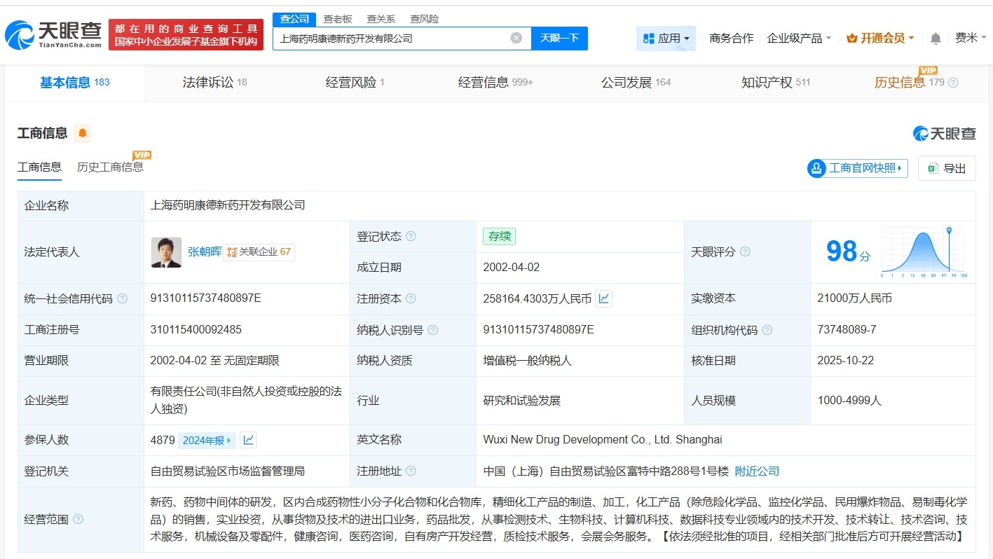 药明康德旗下新药开发公司减资至约25.8亿降幅约79%