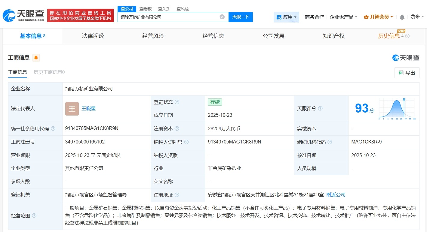 万华化学等在铜陵成立矿业公司注册资本约2.8亿