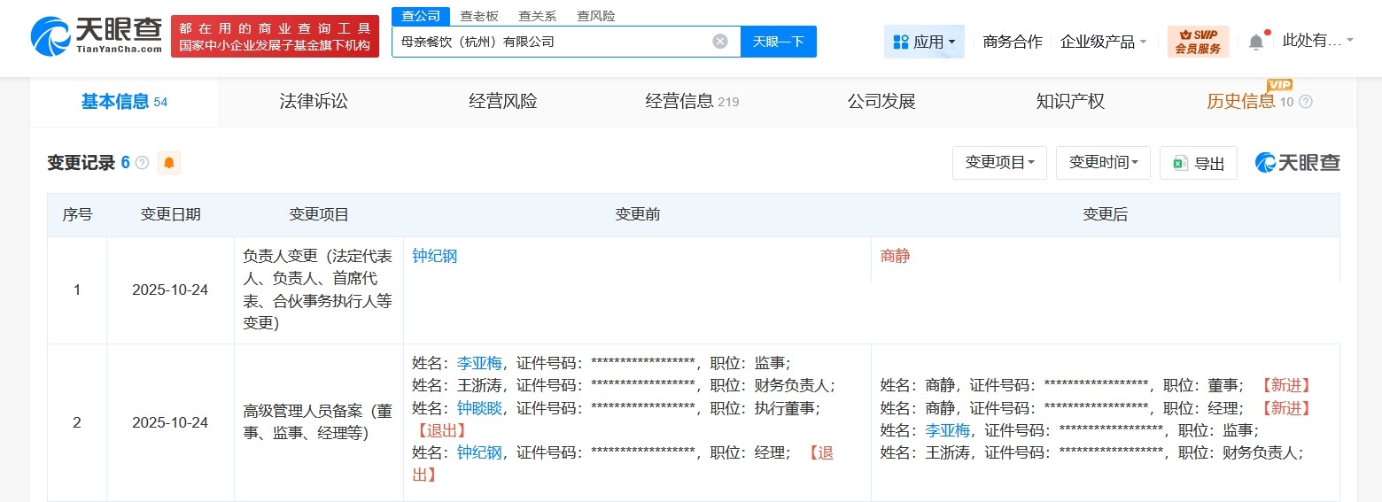 钟睒睒卸任母亲餐饮杭州公司执行董事