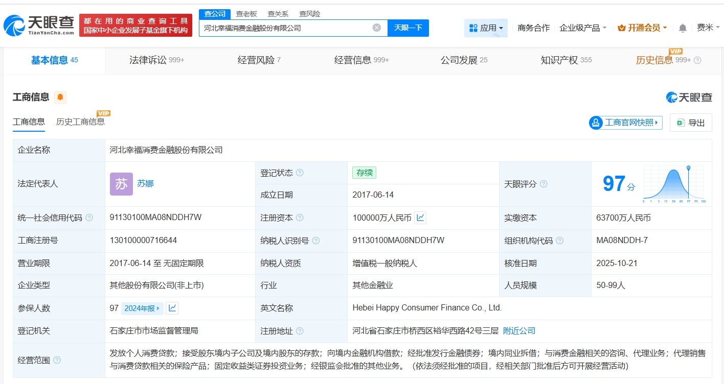 河北幸福消费金融公司增资至10亿增幅约57%