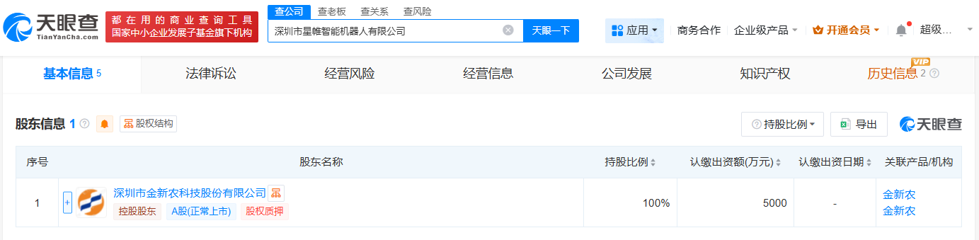 金新农在深圳成立星帷智能机器人公司注册资本5000万
