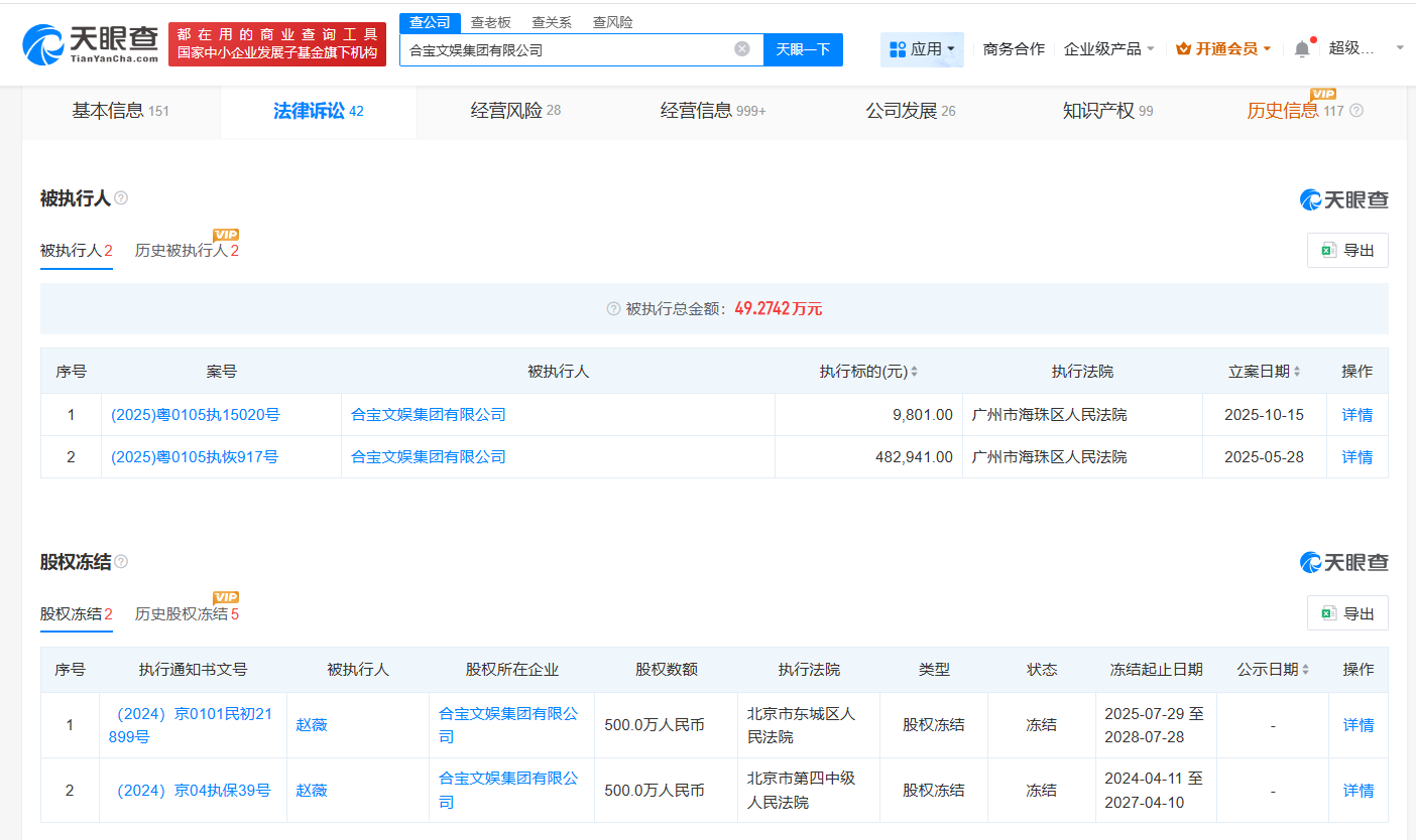 赵薇关联公司被执行9801元