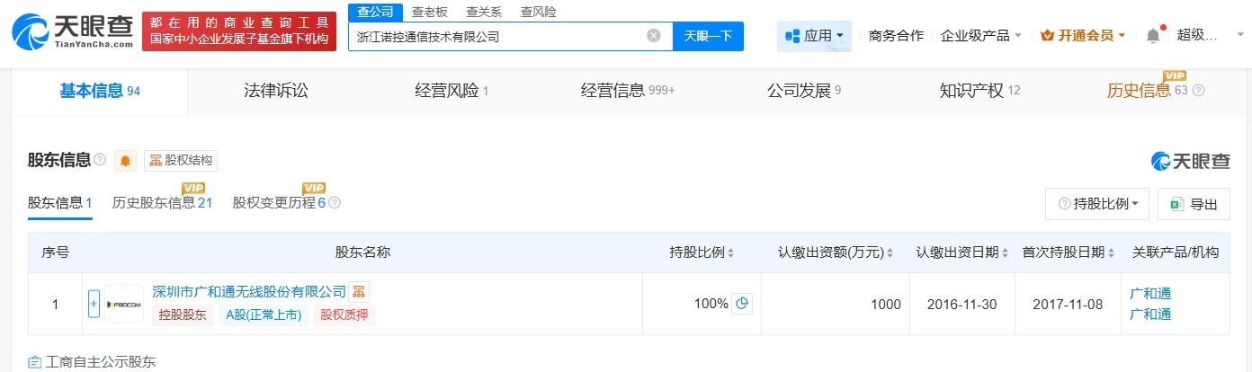 广和通旗下浙江诺控通信技术公司注销