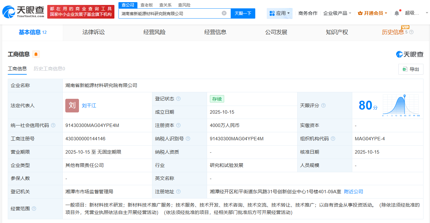 湘潭电化、吉利等成立新能源材料研究院公司注册资本4000万