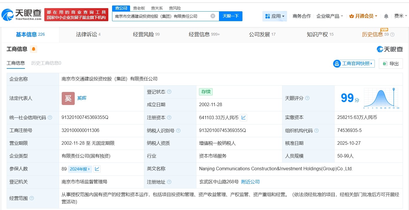 南京市交通建设投资控股集团增资至约64.1亿增幅约148%