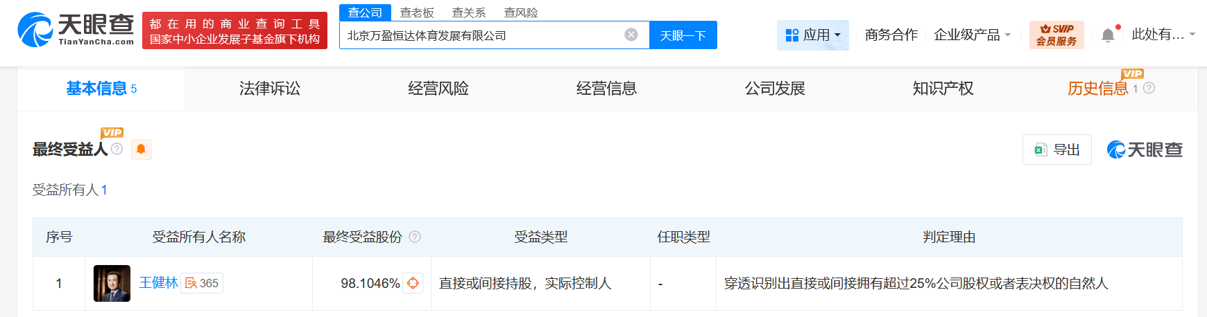 万达体育成立万盈恒达体育发展公司注册资本500万