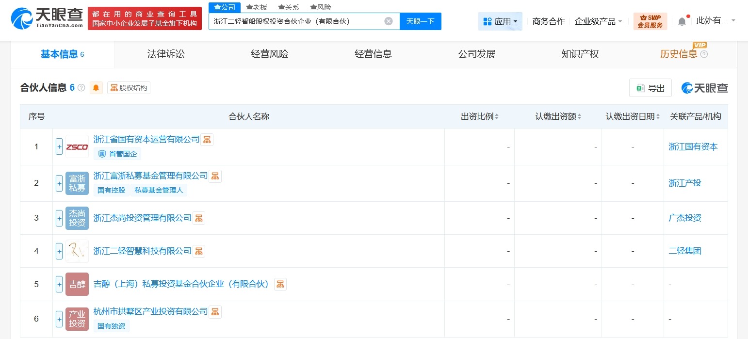 浙江二轻智船股权投资合伙企业成立出资额5亿