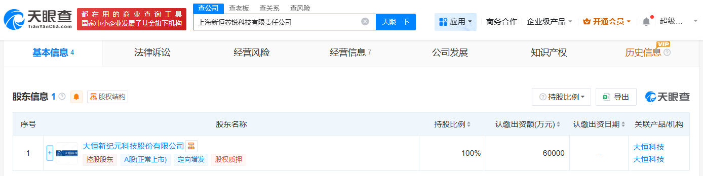 大恒科技在上海成立新恒芯锐科技公司注册资本6亿