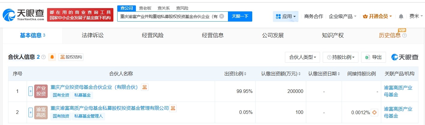 重庆渝富产业并购重组私募股权投资基金登记成立出资额20.01亿