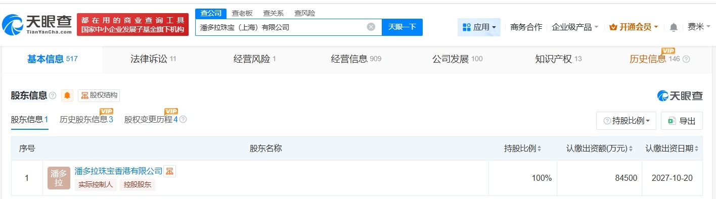 潘多拉珠宝上海公司增资至8.45亿增幅约604%