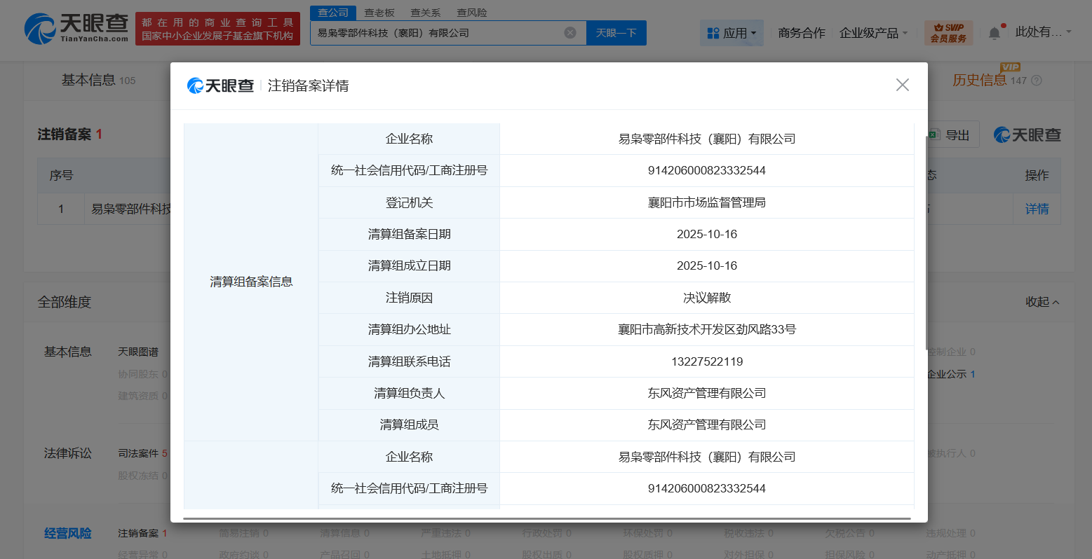 东风汽车旗下一零部件科技公司拟注销