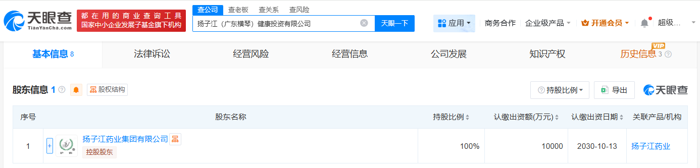 扬子江药业集团在横琴成立健康投资公司注册资本1亿