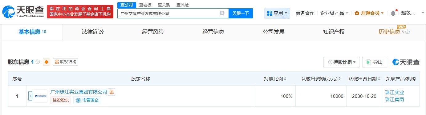 珠江实业集团成立广州文体产业发展公司注册资本1亿