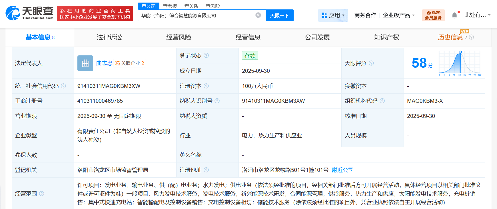 华能国际在洛阳成立综合智慧能源公司注册资本100万