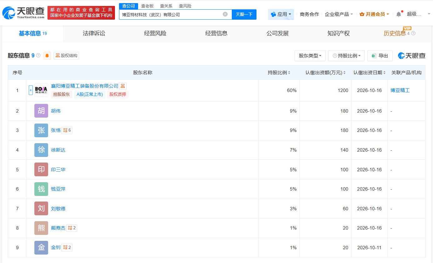 博亚精工等在武汉成立科技新公司注册资本2000万